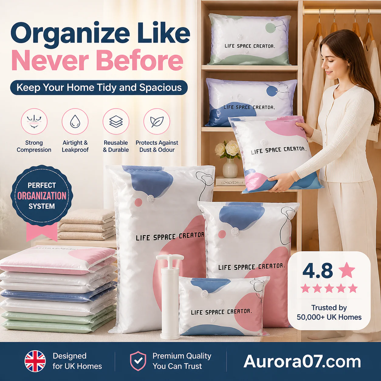 🧳No‑Pump Vacuum Storage Bags – Press & Seal, No Pump Needed (PACK OF 3)