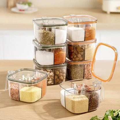 Masala Box Set 4 Compartment Spice Box with Lid, Spoon & Handle Airtight Seasoning Organiser