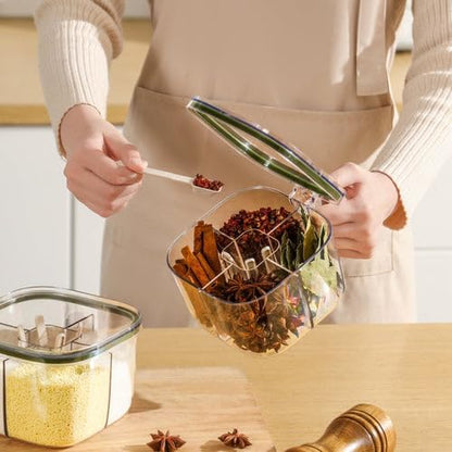 Masala Box Set 4 Compartment Spice Box with Lid, Spoon & Handle Airtight Seasoning Organiser