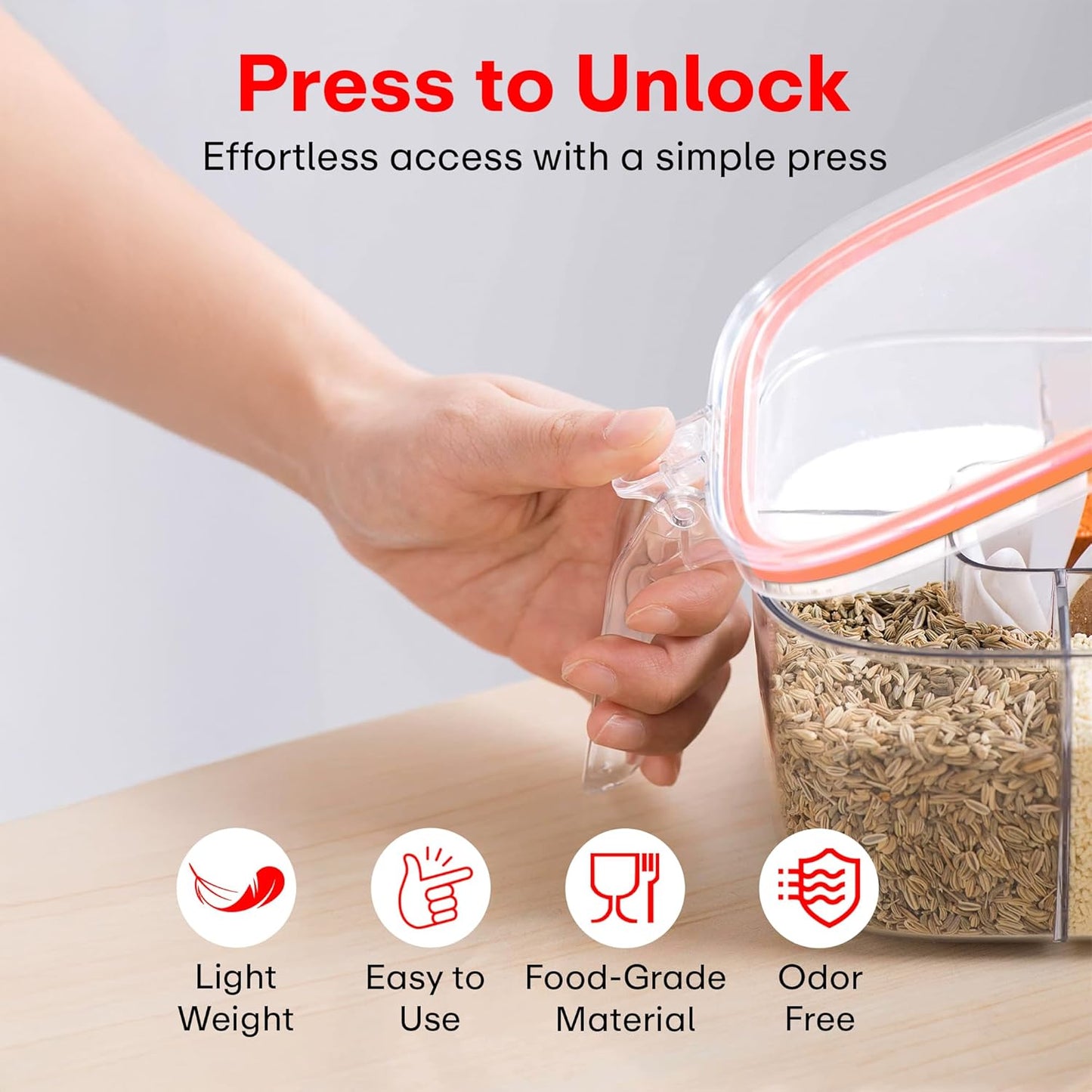 Masala Box Set 4 Compartment Spice Box with Lid, Spoon & Handle Airtight Seasoning Organiser