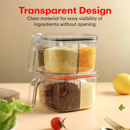 Masala Box Set 4 Compartment Spice Box with Lid, Spoon & Handle Airtight Seasoning Organiser