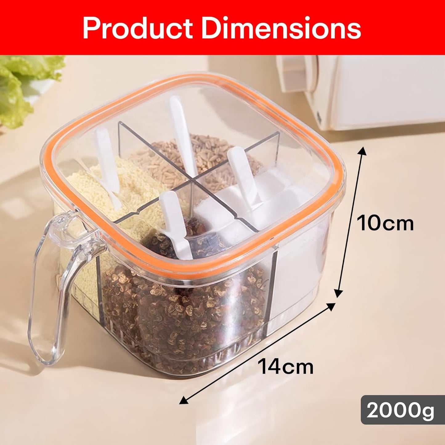 Masala Box Set 4 Compartment Spice Box with Lid, Spoon & Handle Airtight Seasoning Organiser