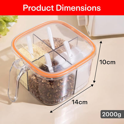 Masala Box Set 4 Compartment Spice Box with Lid, Spoon & Handle Airtight Seasoning Organiser