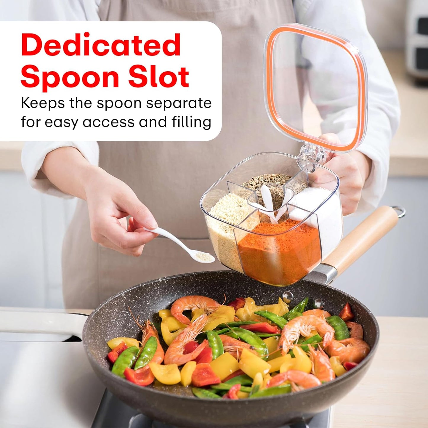 Masala Box Set 4 Compartment Spice Box with Lid, Spoon & Handle Airtight Seasoning Organiser