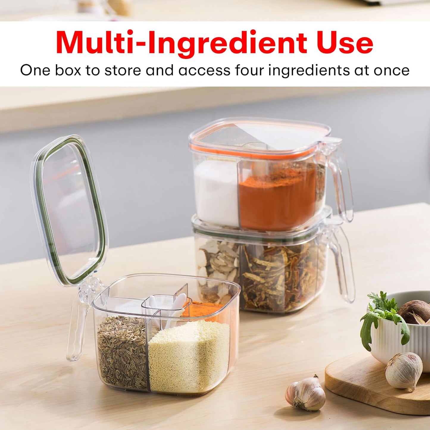 Masala Box Set 4 Compartment Spice Box with Lid, Spoon & Handle Airtight Seasoning Organiser