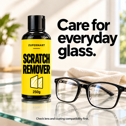 Scratch Remover250g beside everyday eyeglasses; check lens and coating compatibility